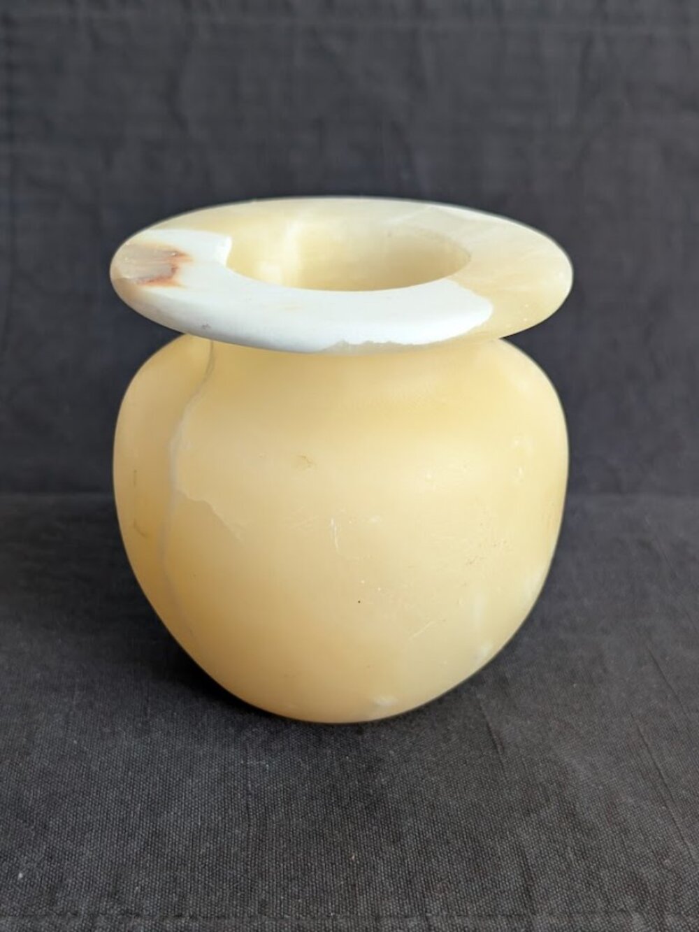 Egyptian Hand Carved Alabaster Vase Candle Holder Rounded Yellow-White